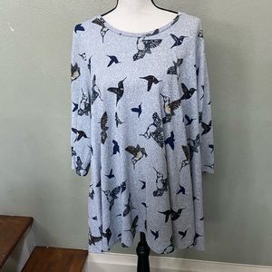 Chelsea & Theodore Plus Size Tunic - Gray w Multicolored Birds - Super Soft - 2X